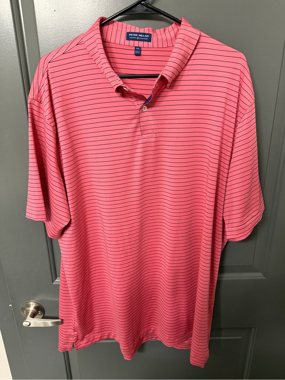 Peter Millar Crown Crafted Polo Men’s XXL Coral Pink Navy Striped Golf